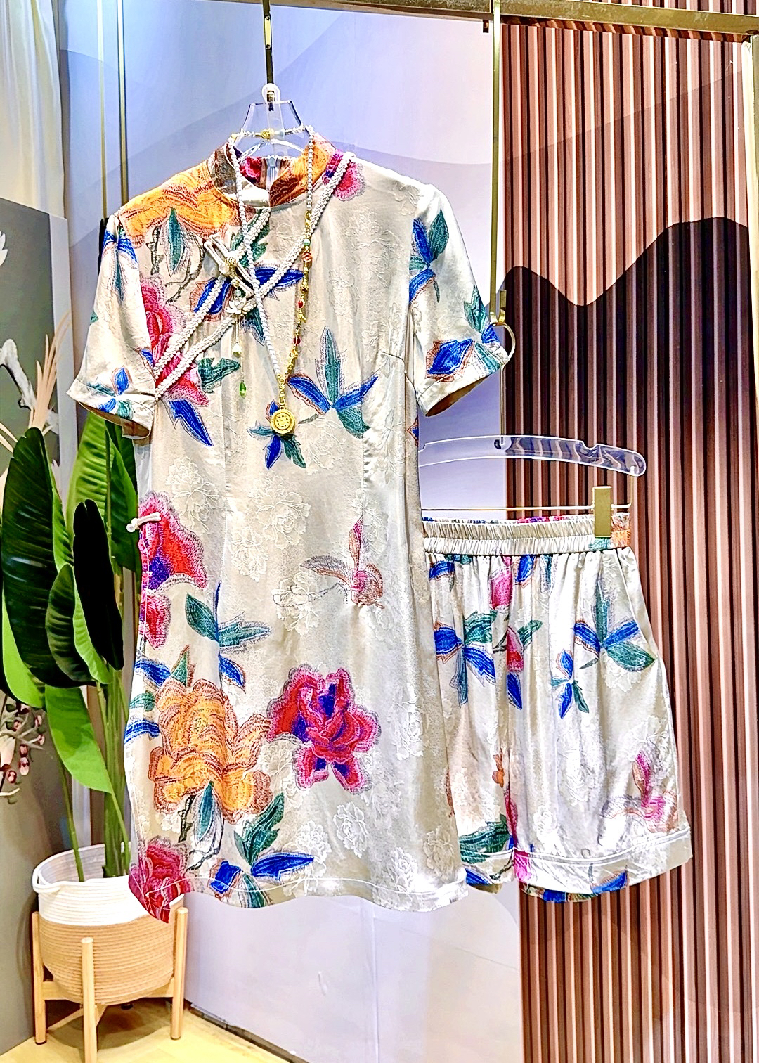 【国色天香】新中式国风旗袍唐装时尚重工夏牡丹套装连衣裙+短裤