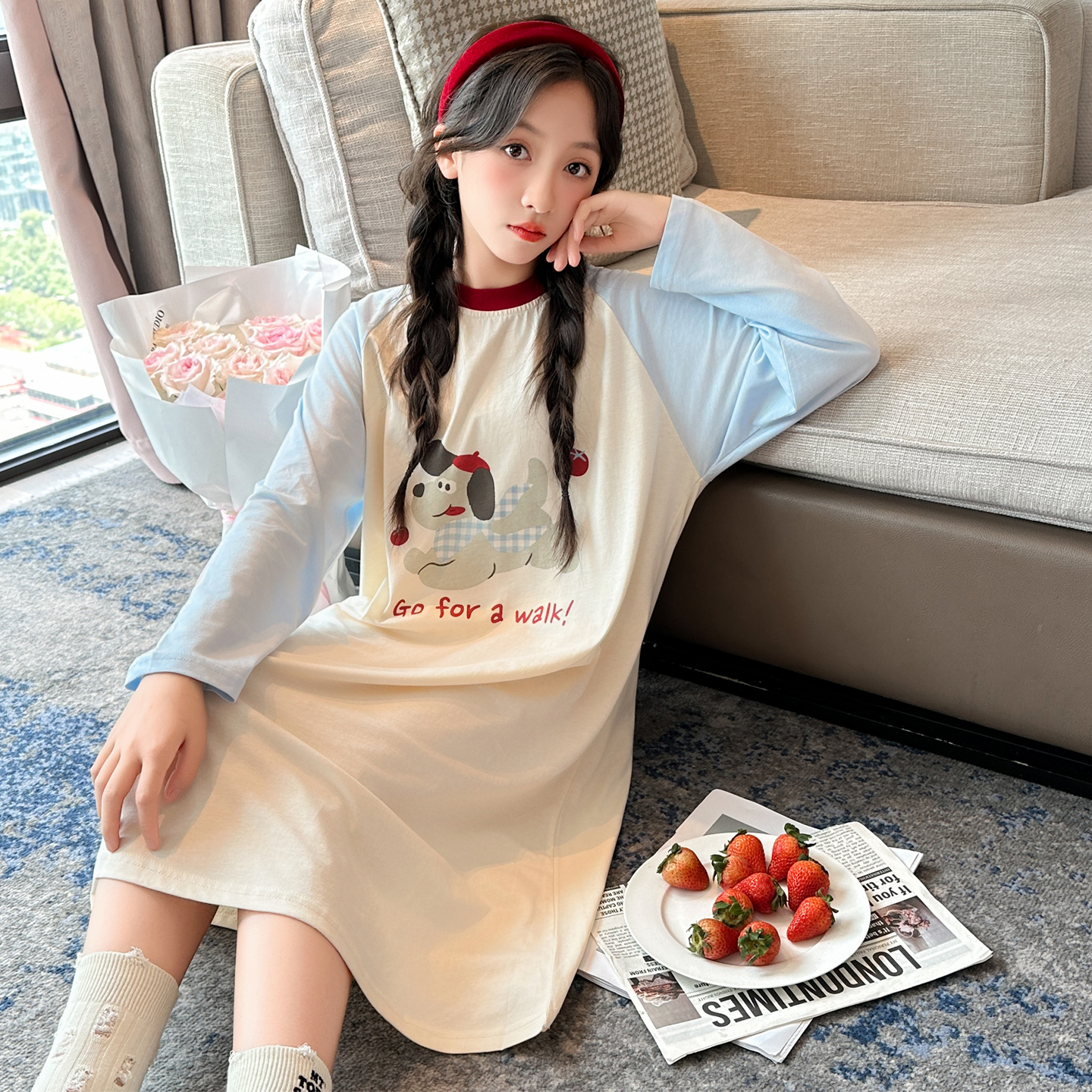 女童睡裙纯棉秋装长袖2025新款儿童睡衣春秋中大童高端亲子家居服