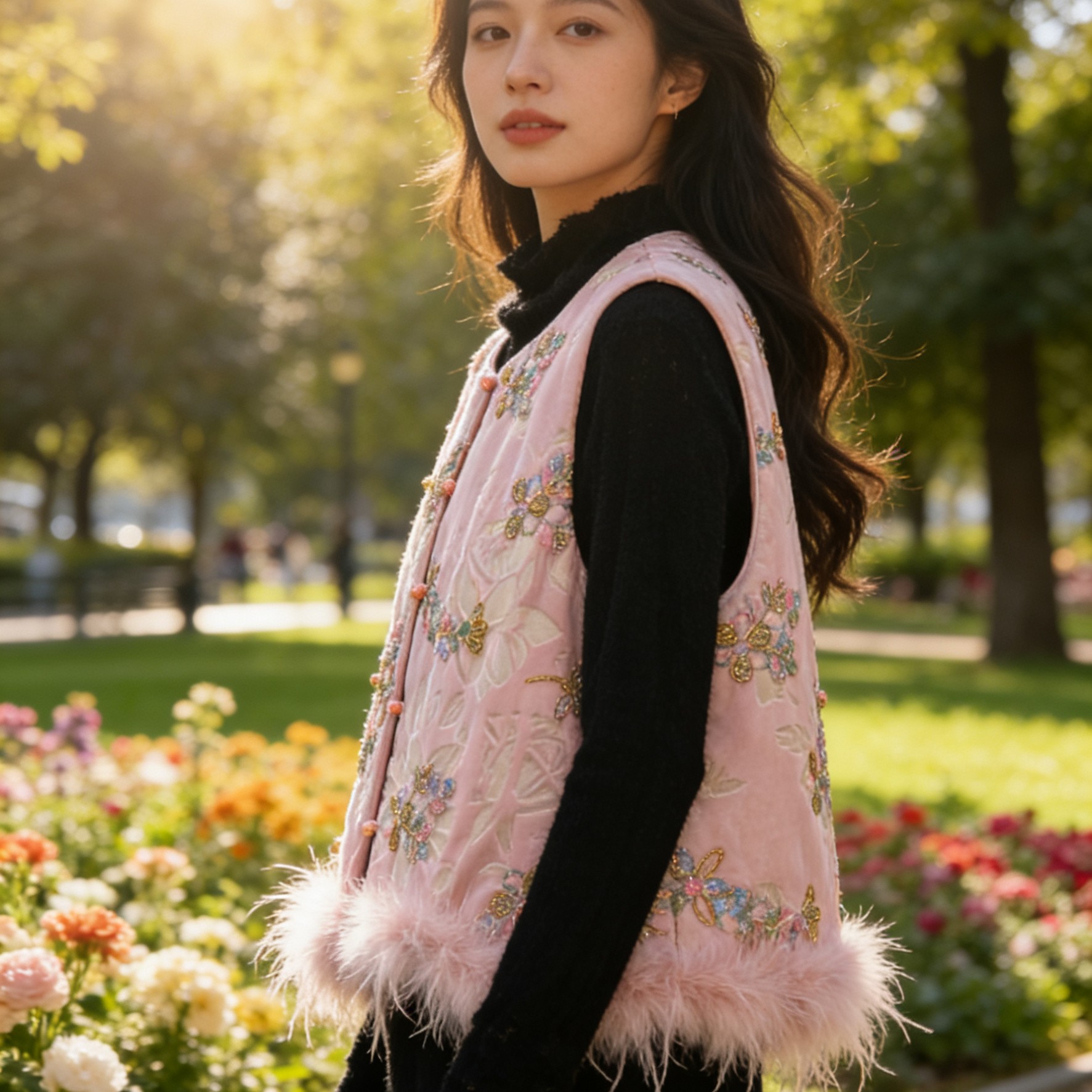 新中式国风丝绒亮片刺绣夹棉马甲女秋冬复古气质宽松立领上衣