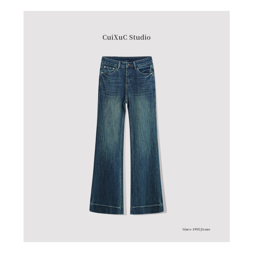 新款复古蓝显瘦直筒喇叭裤四面弹高定高腰微喇牛仔裤系列时尚女款