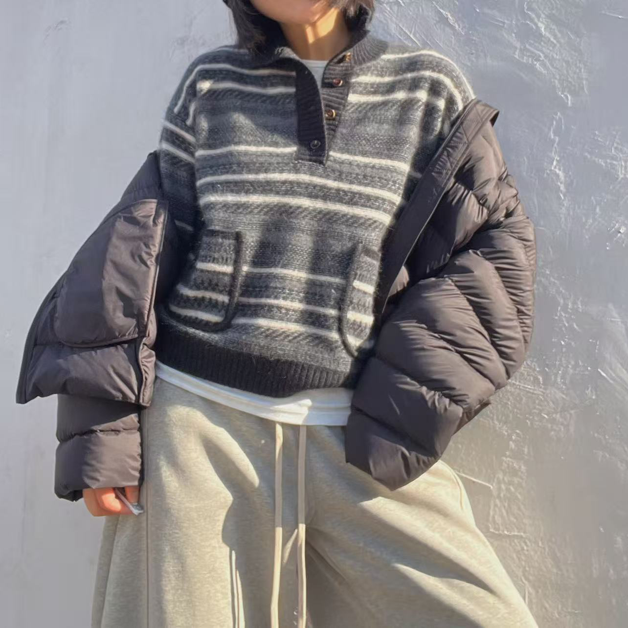 【竹外知时】日常休闲.软糯亲肤拉毛Polo领条纹毛衣