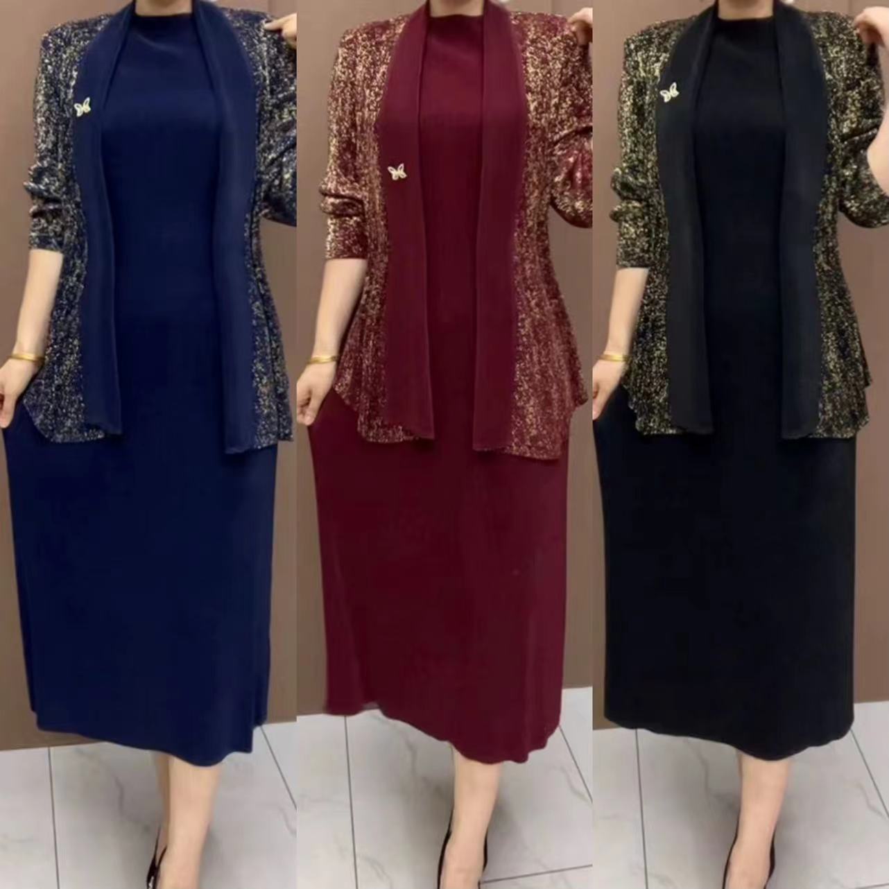 烫金褶皱真两件套连衣裙春季新款2025加肥弹力大码妈妈装长袖