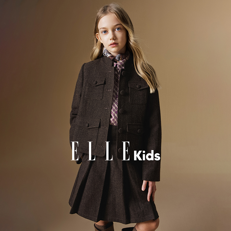ELLE KIDS童装复古羊毛呢学院风套装女童冬新款外套+半裙两件套N1