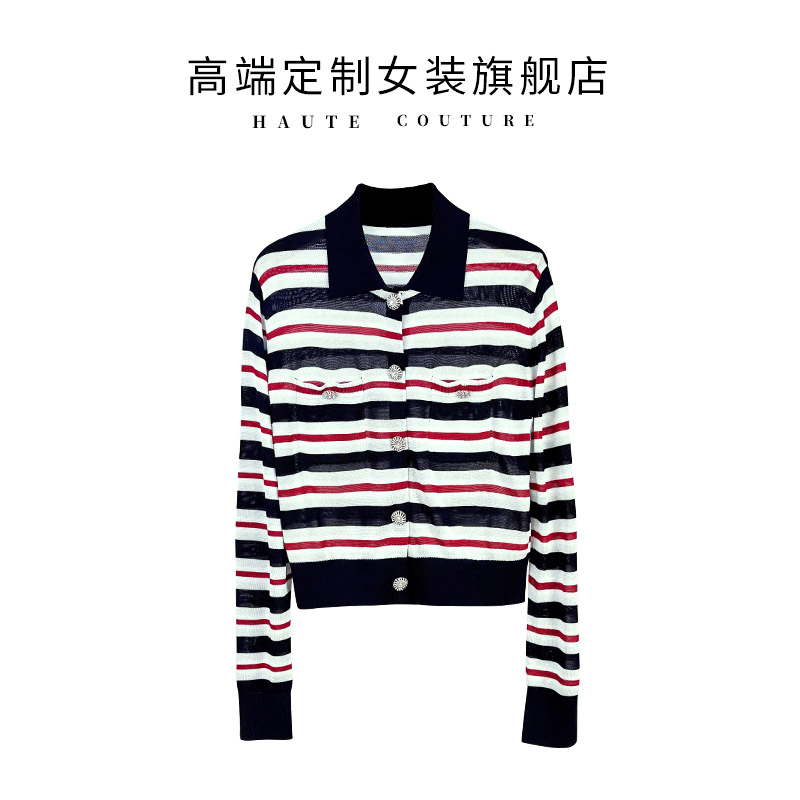 早秋2025休闲设计感翻领红蓝条纹显瘦百搭减龄短款针织 长袖上衣