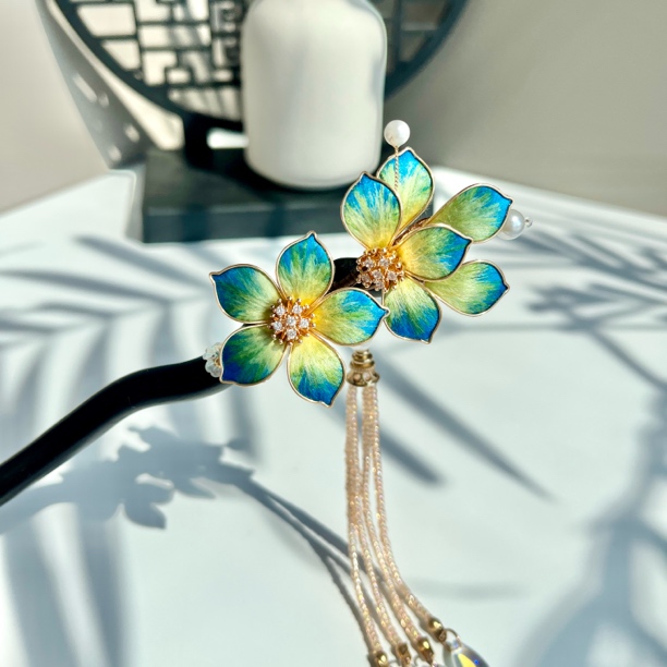 千里江山色蚕丝绒花发簪风发簪步摇汉服头饰国风发饰旗袍复古头饰