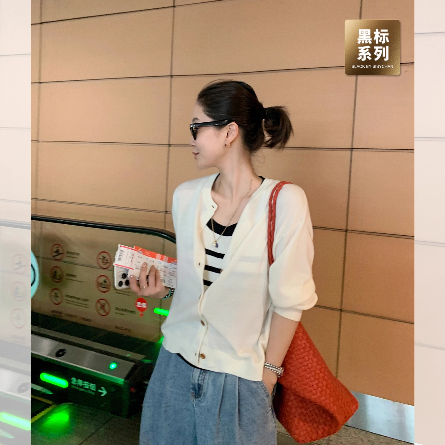 莉贝琳sisy店主自留~黑标川久针织开衫全羊毛圆领上衣S25108SW08