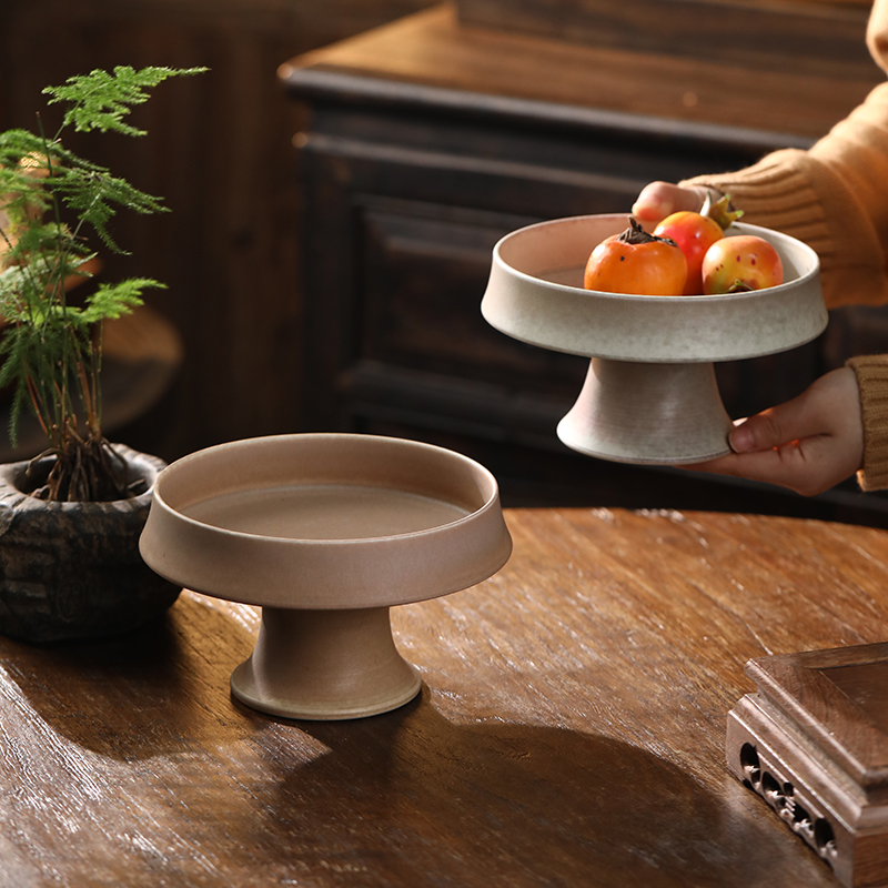 复古粗陶高脚盘怀旧零食点心托盘果盘粗陶高脚盘怀旧点心托盘果