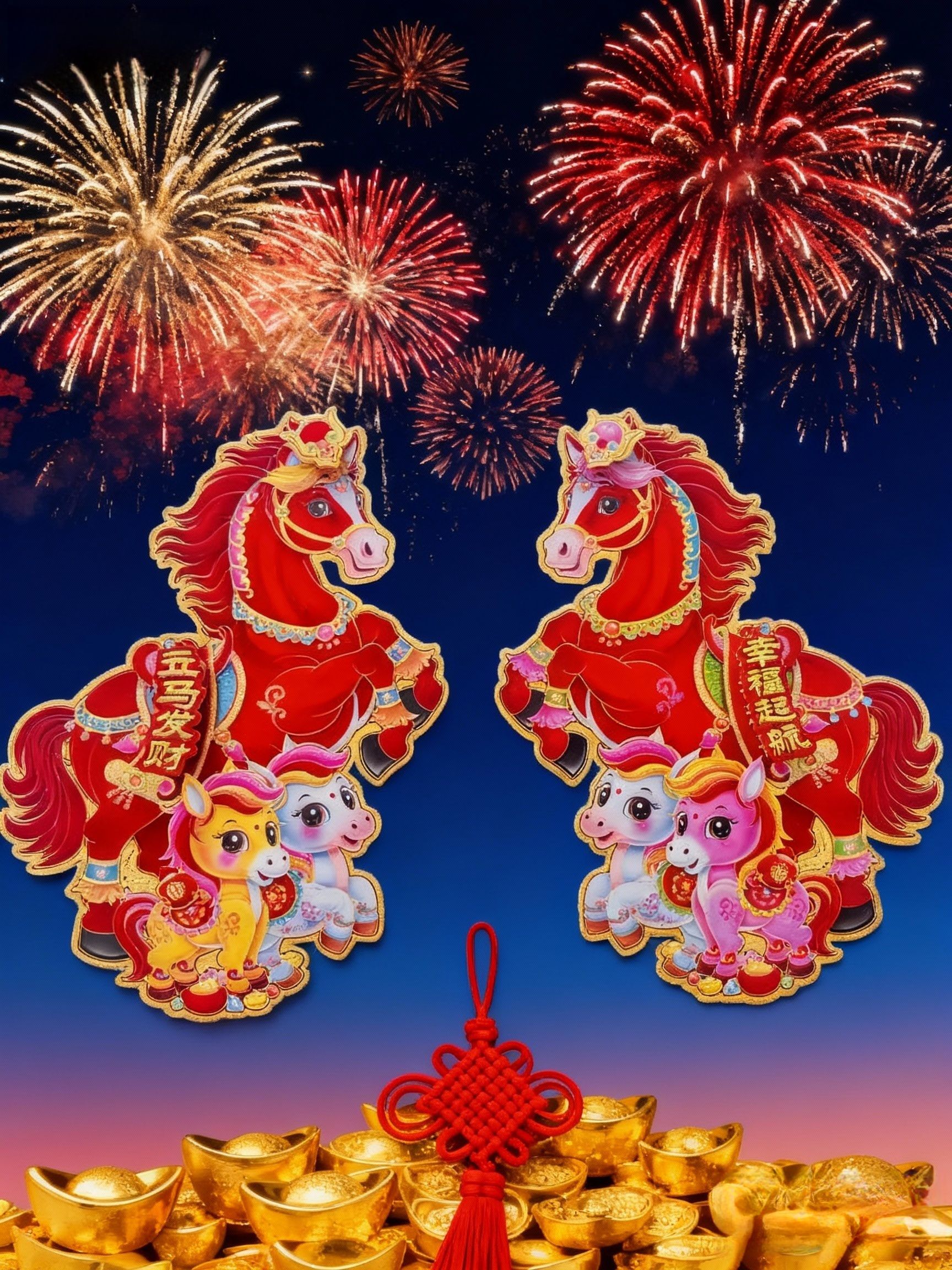 2026马年立体生肖植绒门贴福字卡通新年过年对贴玻璃高档装饰