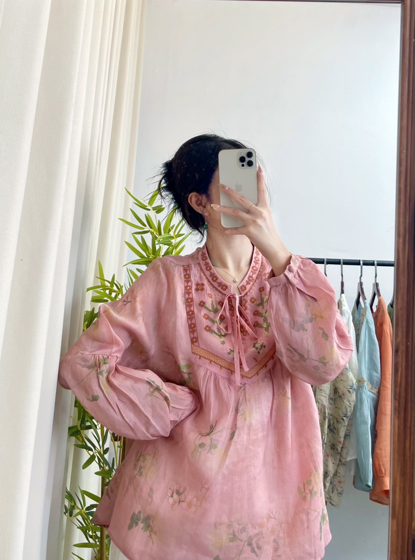 【粉红色的回忆】气质100%苎麻印花刺绣上衣-8866