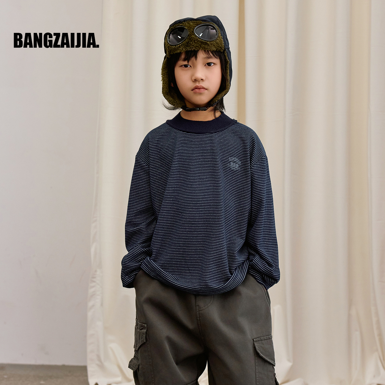 【糯叽叽加厚T】儿童冬季保暖弹力足条纹针织半高领保暖T男童上衣