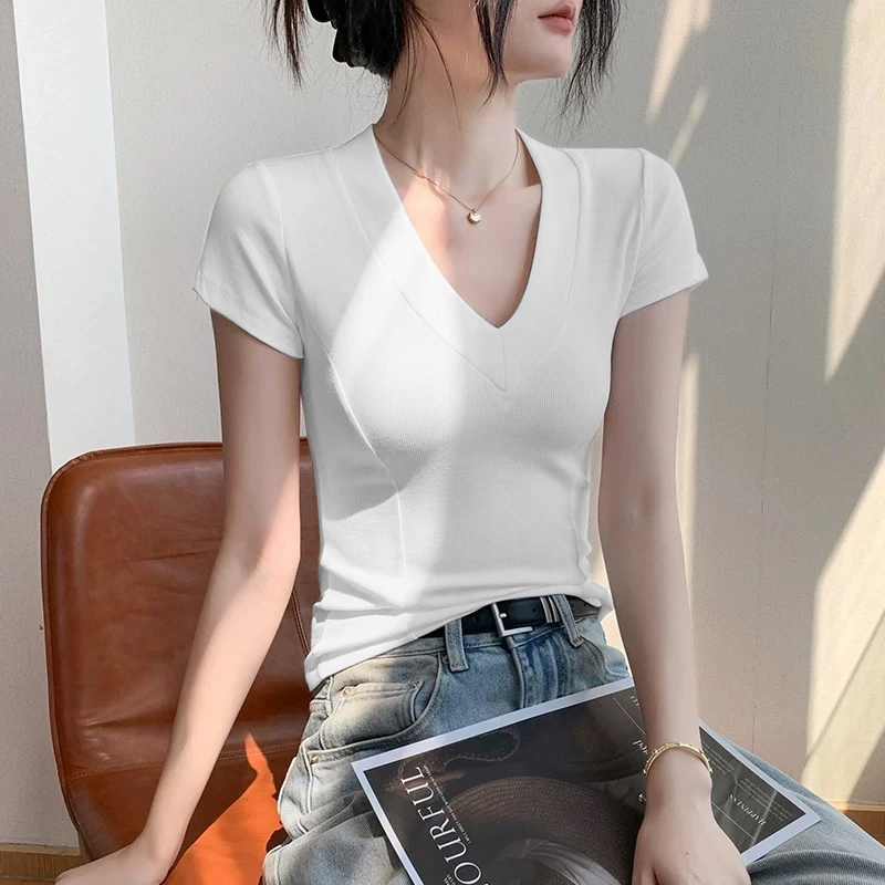 欧若风简约韩系百搭V领短袖t恤女2025夏季显瘦设计感鱼骨修身上衣