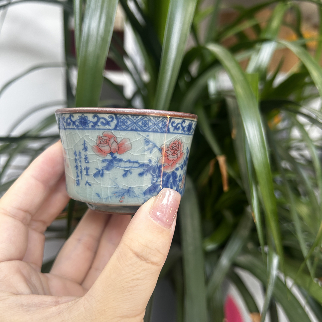 老陶泥高温安全釉下马蹄客杯茶杯复古怀旧花鸟清香宜人容量约50