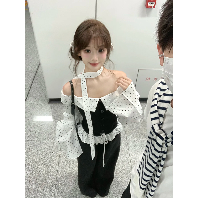 法式甜辣妹早秋穿搭一整套女秋季一字肩长袖抹胸上衣阔腿裤两件套