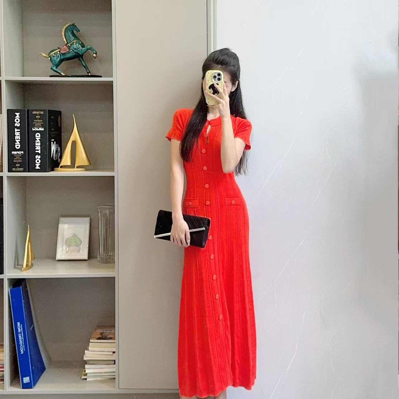 330气质高腰时尚洋气休闲收腰修身纯色显瘦中长款连衣裙