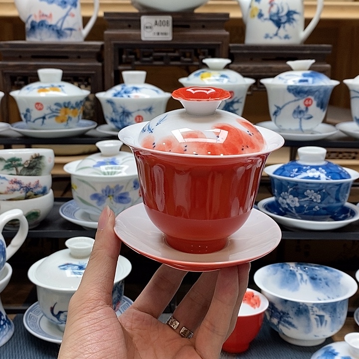 纯手绘龙船花盖碗160cc 釉下彩微瑕福利款