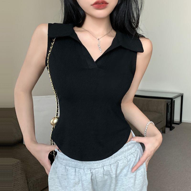 纯欲辣妹翻领无袖背心女夏季显瘦休闲外穿打底衫短款显胸上衣