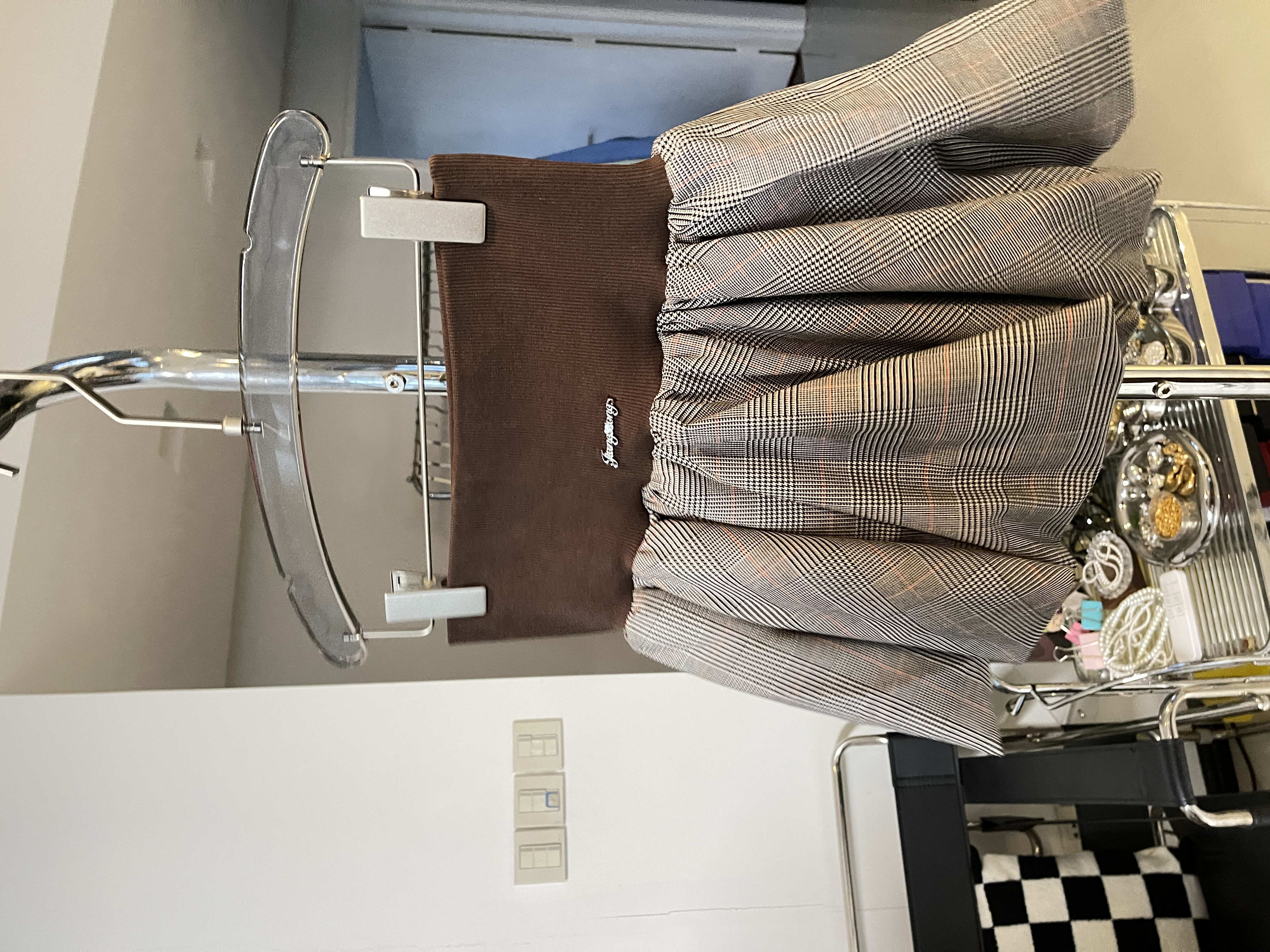 姜穹JIANGQIONG细千鸟格纹拼宽螺纹腰头花苞裙