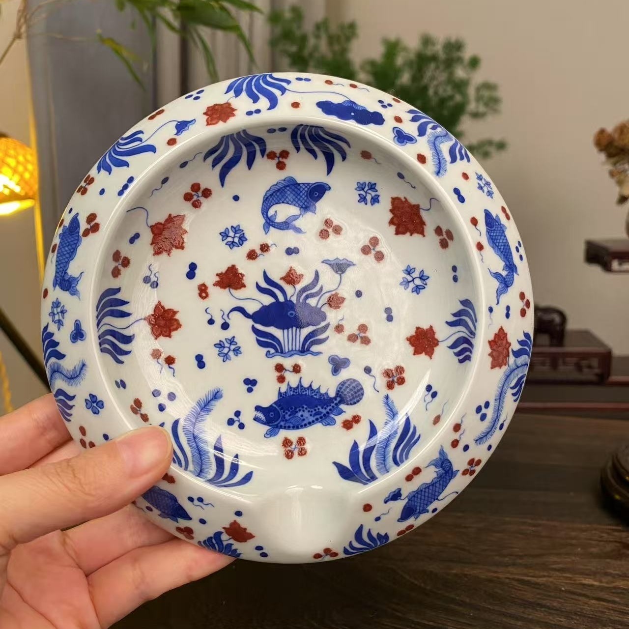 【四悦茶陶】青花釉里红鱼藻雪茄缸 景德镇陶瓷手工手绘