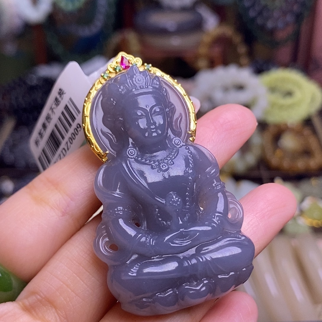 和田玉未镶嵌颈饰浓烟紫金镶度母观音吊坠