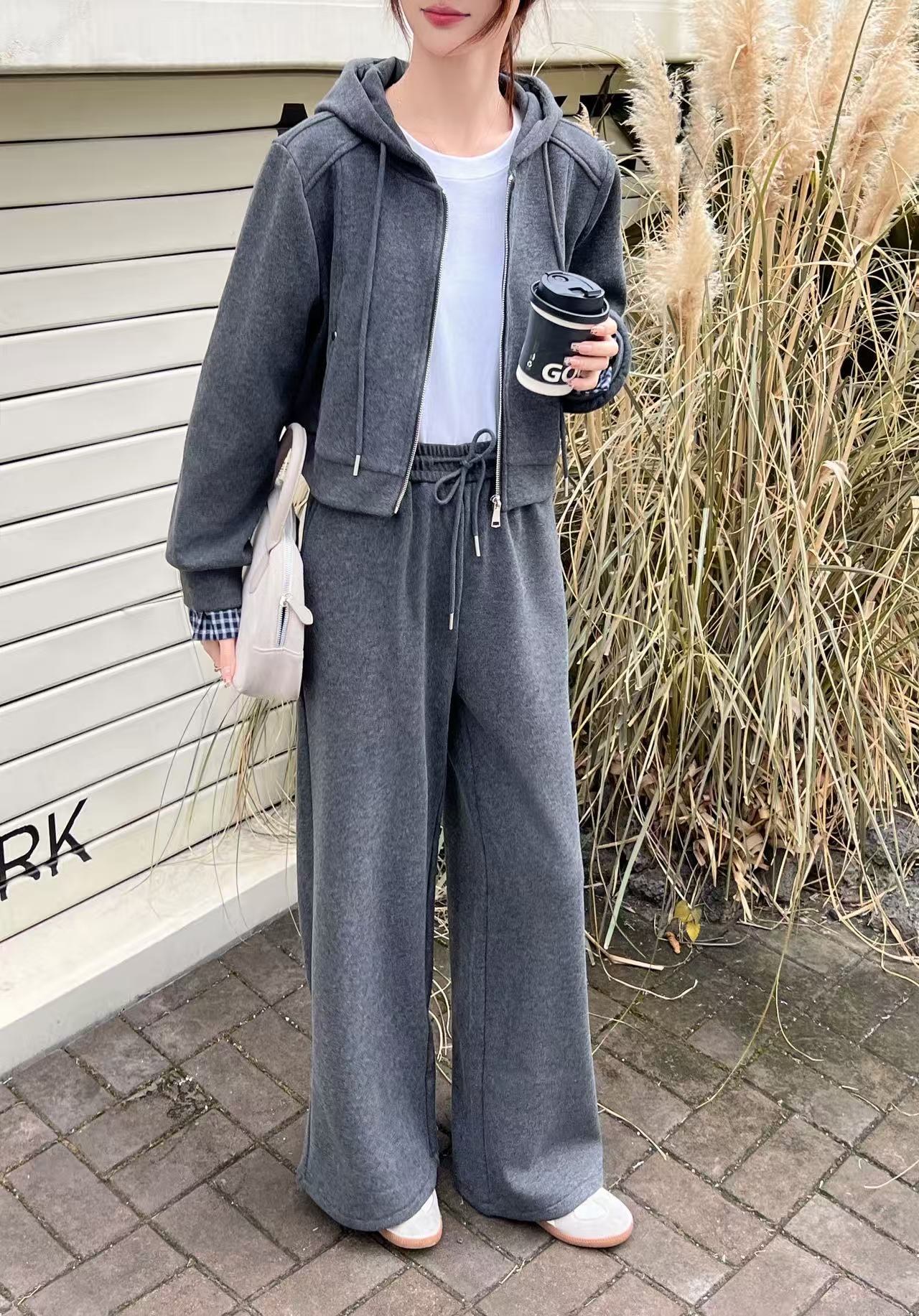 (XI ZI女装）#67139【衣长100裤长50】休闲时尚加绒加厚连帽运动套装