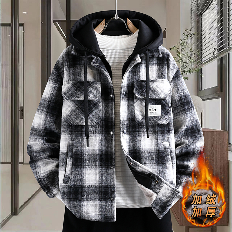 假两件格子棉衣男冬季青少年加绒加厚毛呢子外套初中高中学生棉服