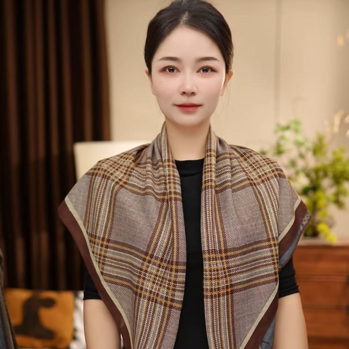 【经典小香】 85X85复古丝毛混纺2025年早秋新款长方巾围巾