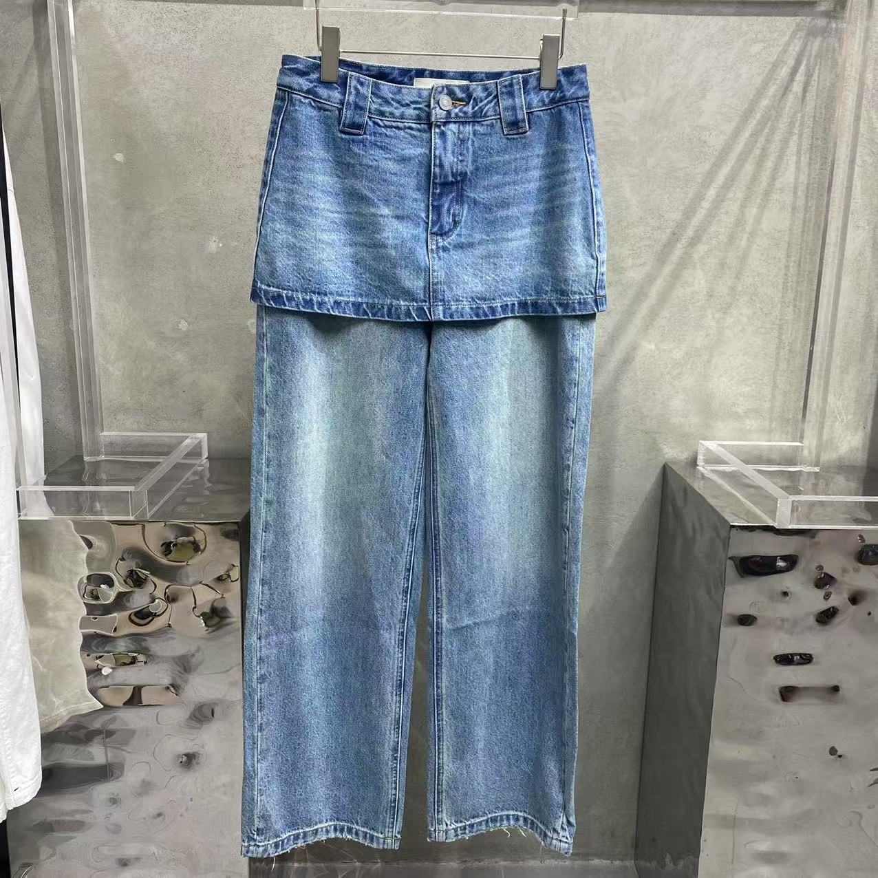 【WRZS】春季新款 假两件双层拼接牛仔裤