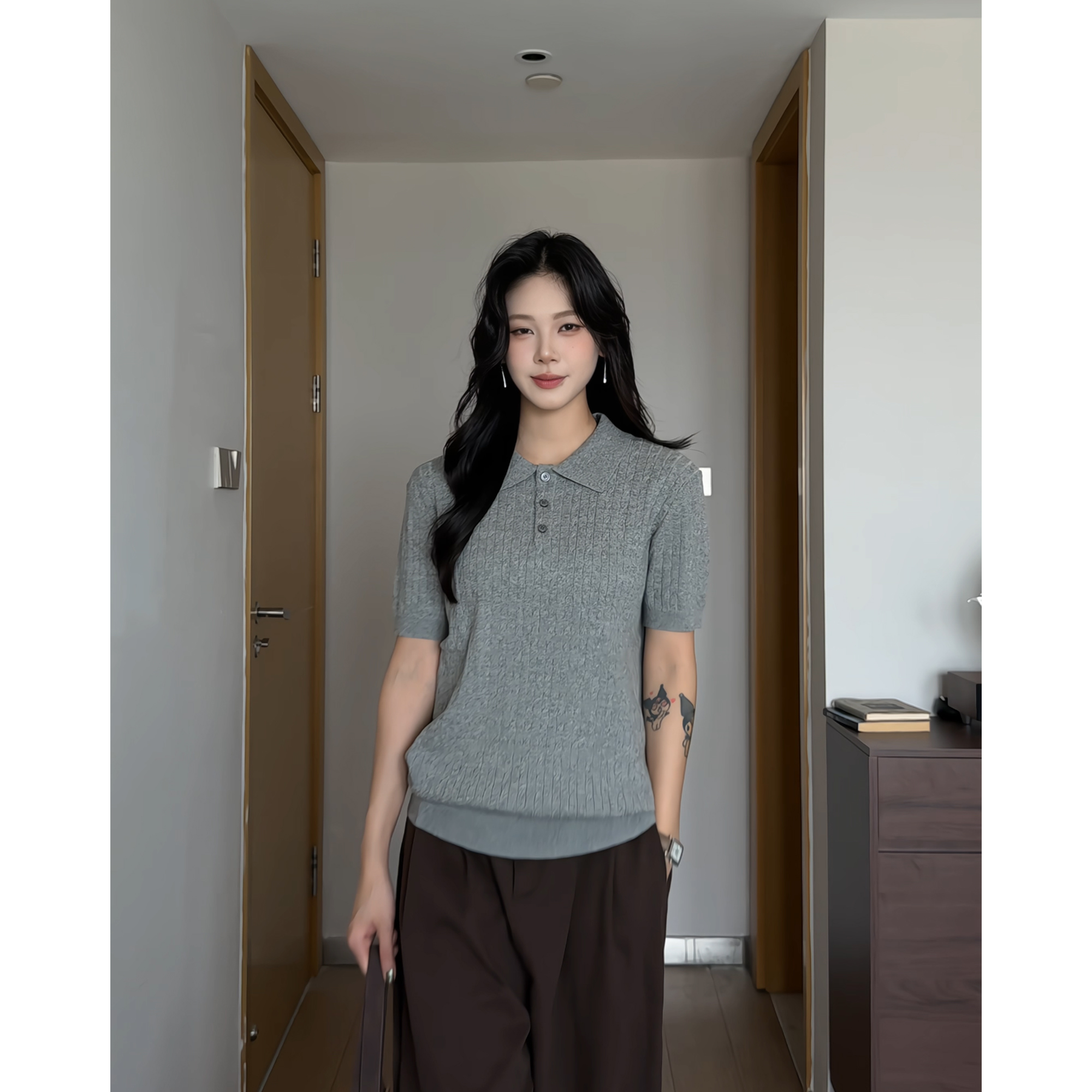 马煜 polo领老钱风麻花针织衫短袖男女同款vintage短款上衣T恤