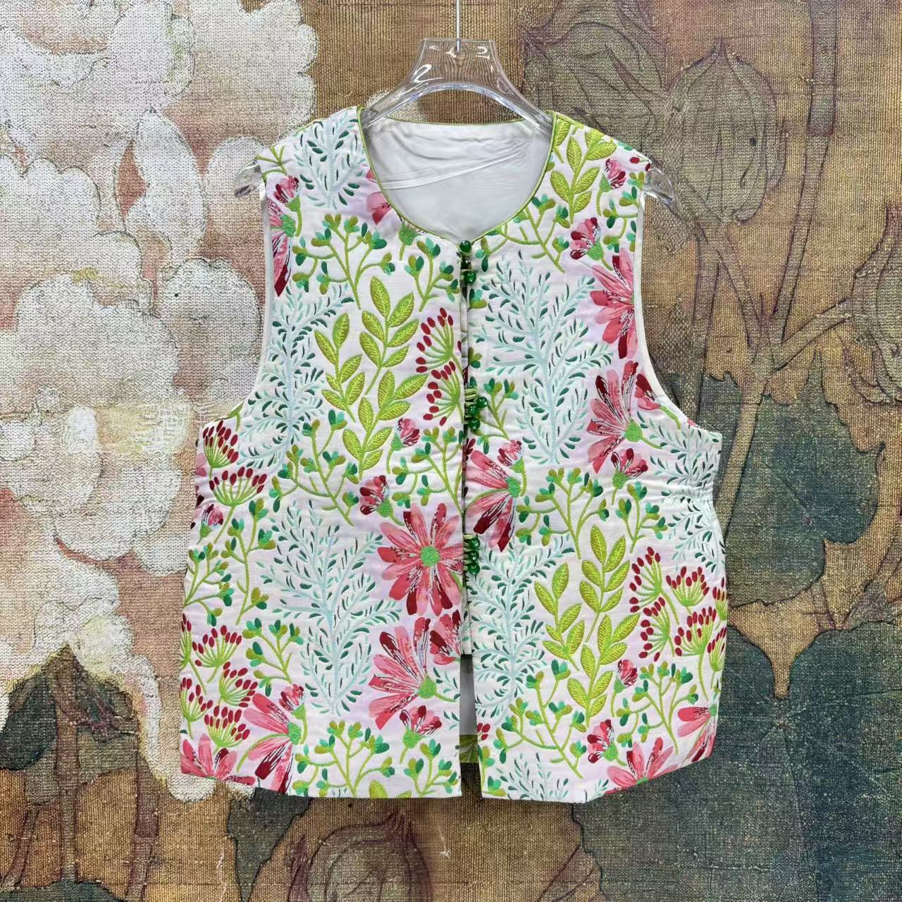 中式国风春意小花圆领盘扣时尚提花马甲