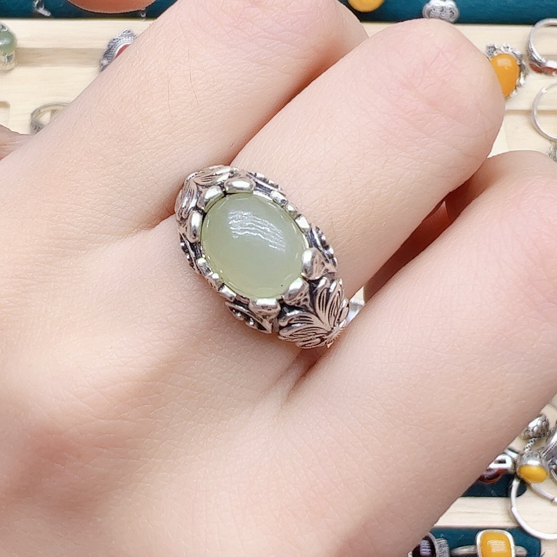 和田玉戒指银S925镶嵌