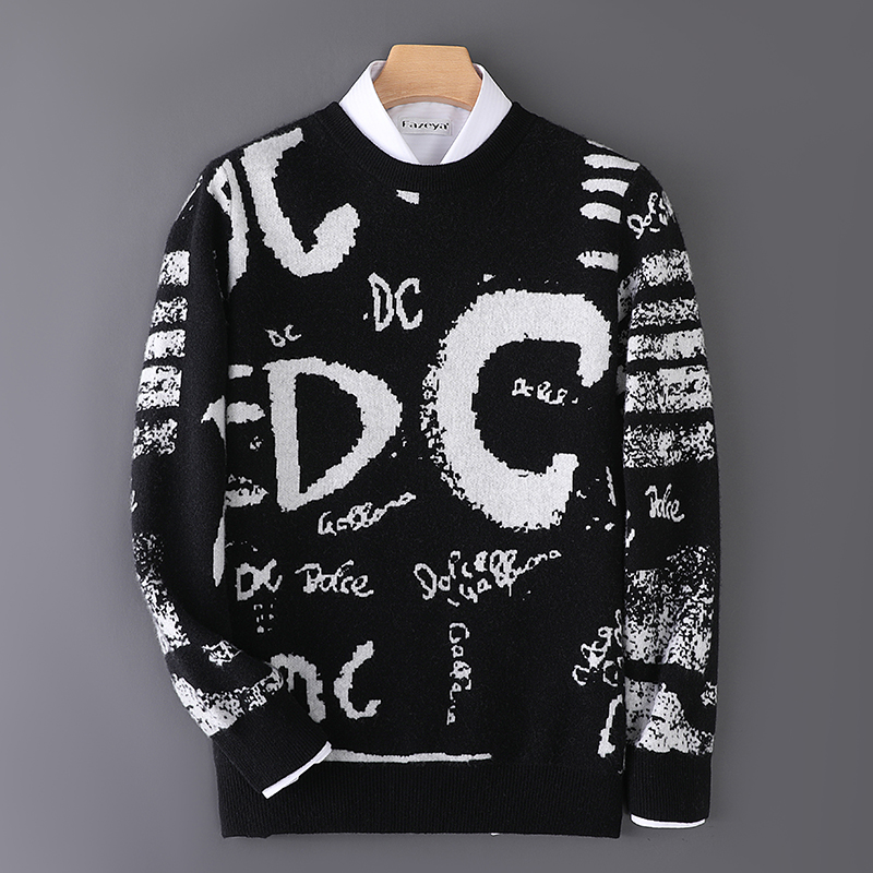 秋冬新款字母图案羊绒衫男时尚都市青年圆领加厚100纯羊绒打底衫