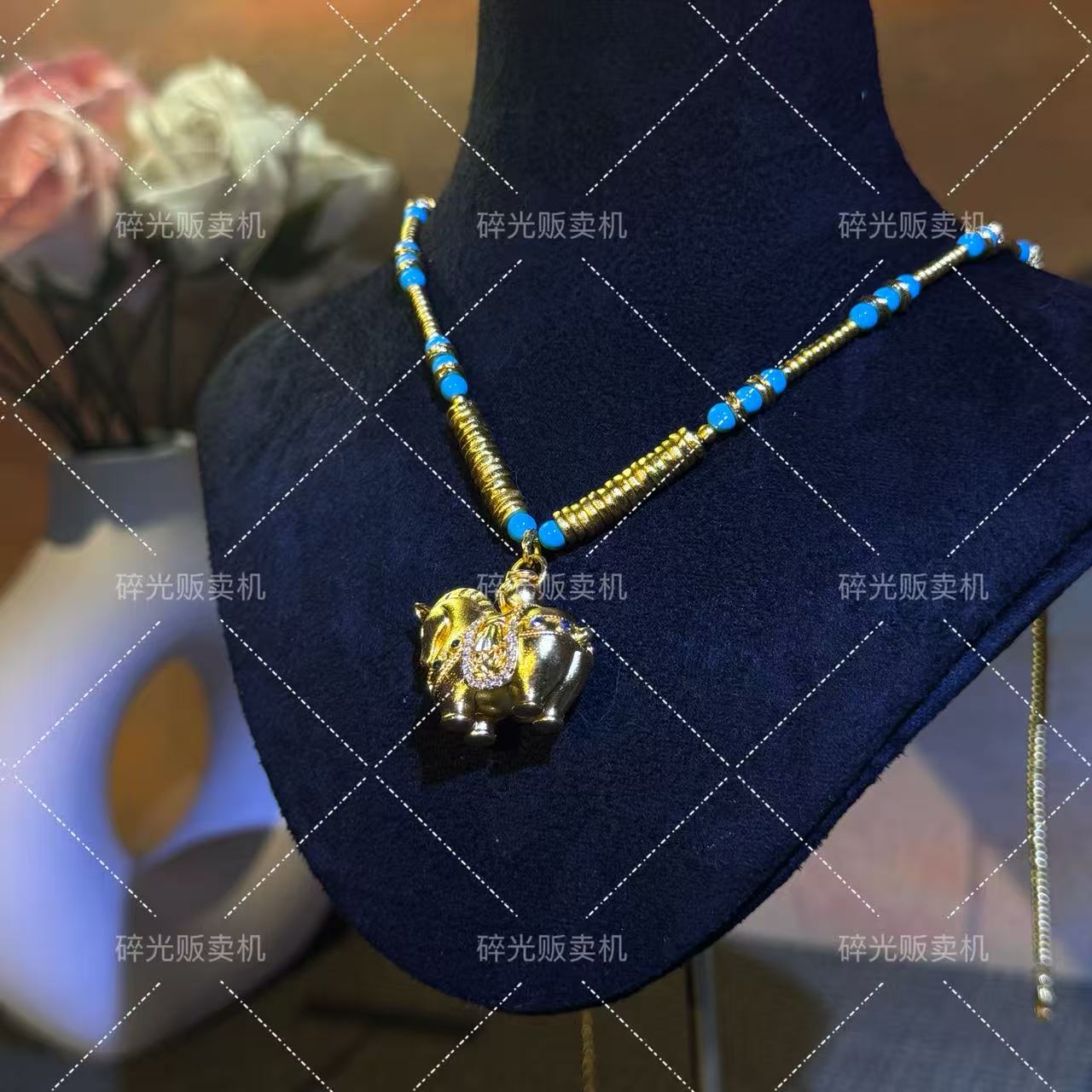 铜合金锆石项链 马上有钱蓝珠子复古气质招财项链蓝色