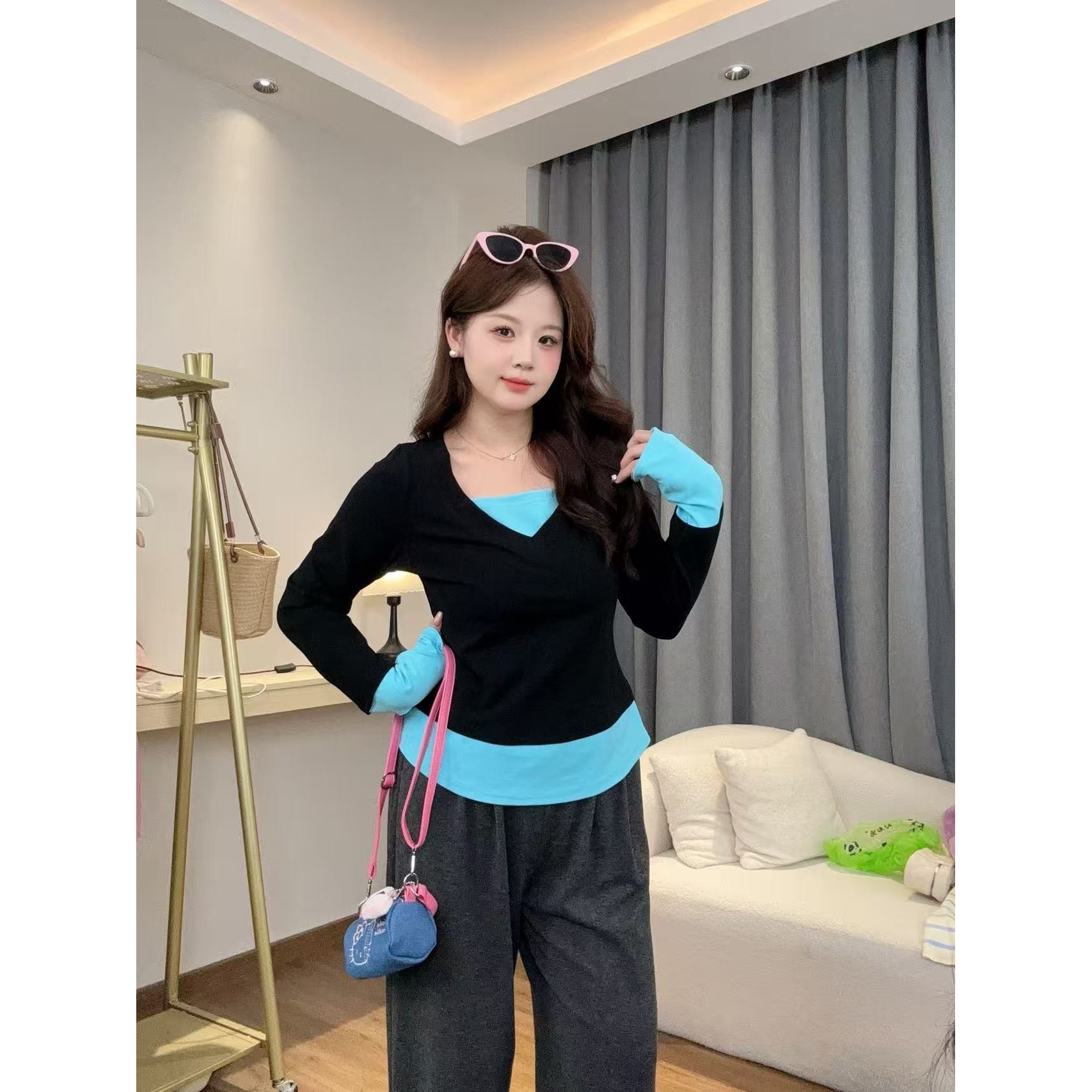 辣妹撞色假两件长袖打底衫2025秋季标准显瘦T恤内搭上衣女