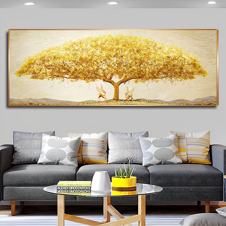 轻奢发财树客厅装饰画黄金树晶瓷画挂画沙发背墙背景墙立体镶钻画