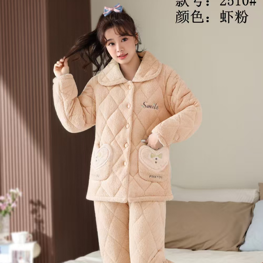 男女士夹棉加绒保暖睡衣家居服套装