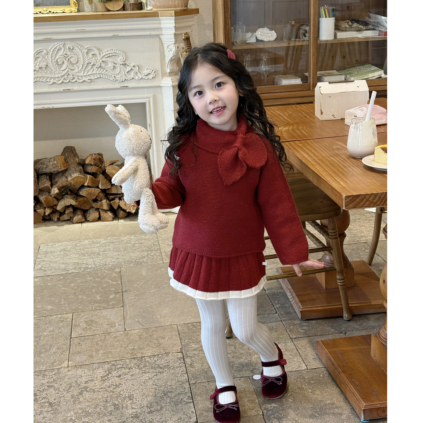 壹妈童装女童韩版秋冬季红色时髦针织毛衣百搭洋气红色针织半裙