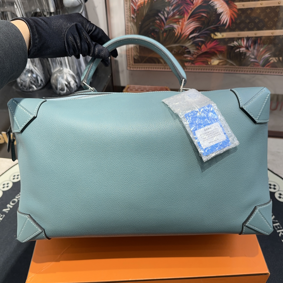 99新 Hermes/爱马仕 Maxibox颜色湖水蓝手柄包框R刻