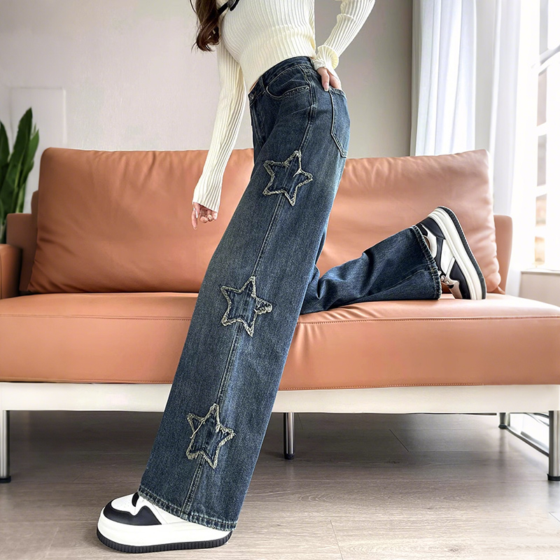 窄版阔腿牛仔裤子女款爆款2025春季新款设计感星星毛边高腰直筒裤