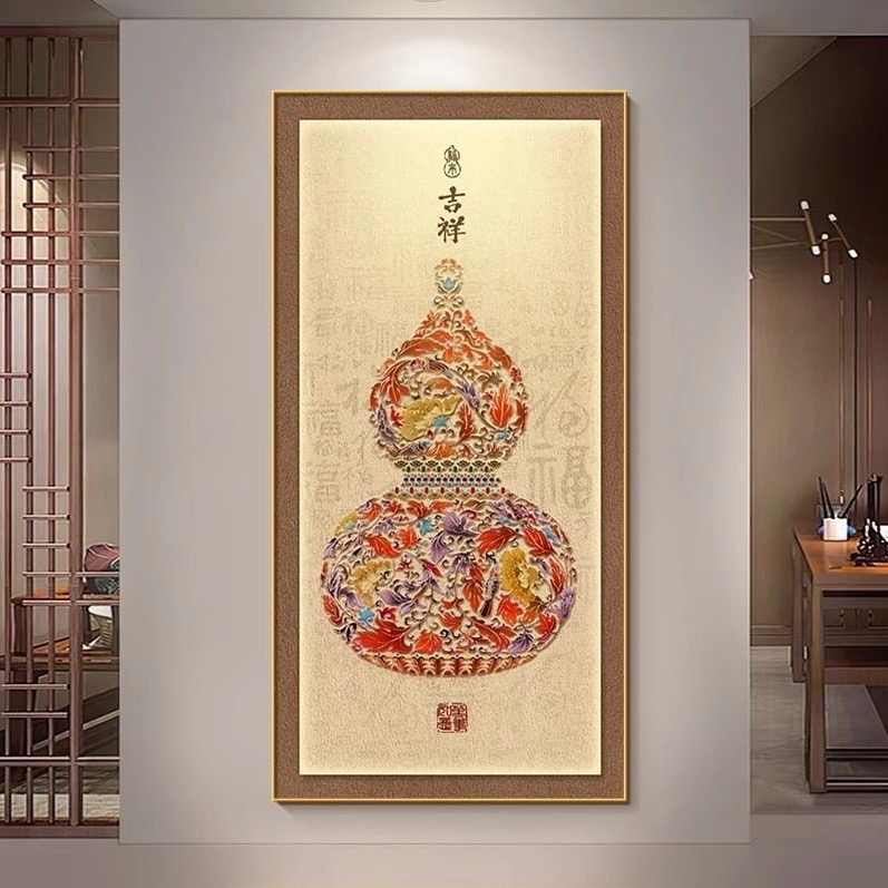升级版-玄关画-【吉祥葫芦】晶瓷画晶瓷镶钻画玄关画过道画装饰画