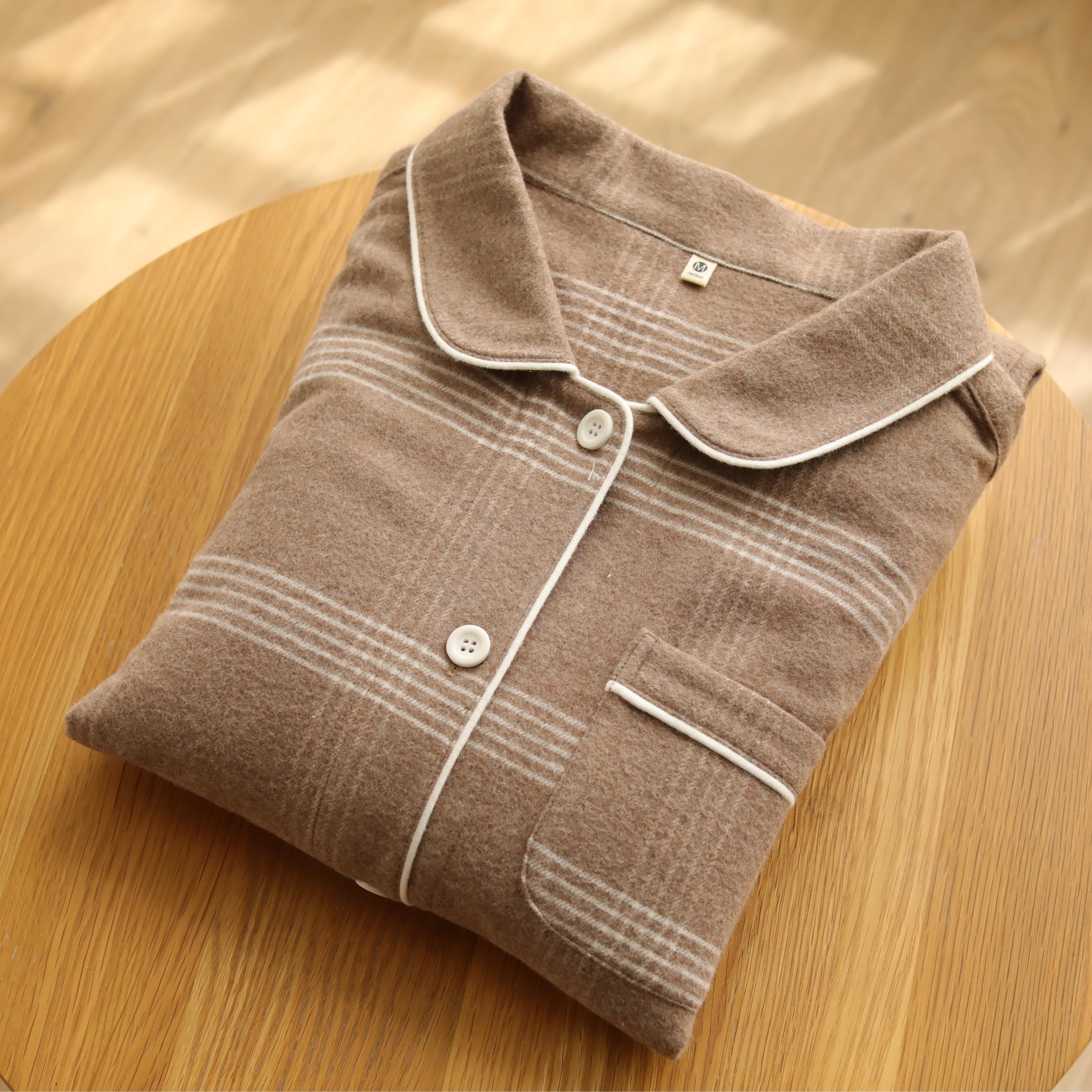 秋冬纯棉磨毛女士睡衣简约翻领长袖套装宽松保暖家居服