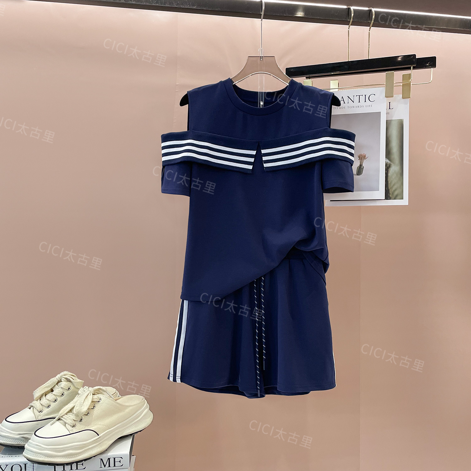 学院露肩 露肩撞色针织套装夏季短袖圆领免穿搭套装DD-4000206