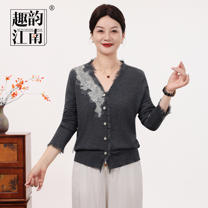 趣韵江南中老年妈妈女装秋季针织衫常规开衫款气质套装