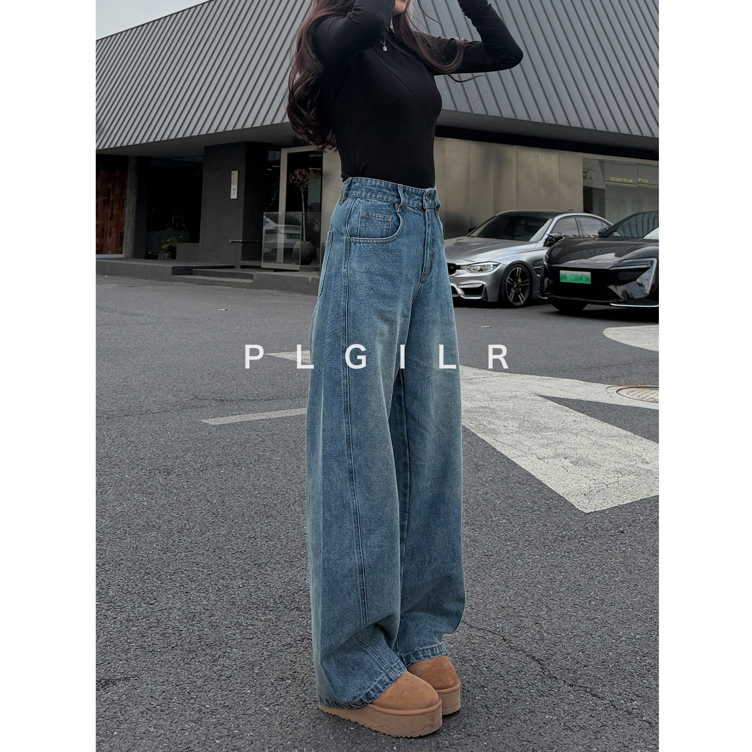 PLGILR秋冬高腰阔腿牛仔裤女复古镰刀裤松弛感宽松弯刀裤丨909