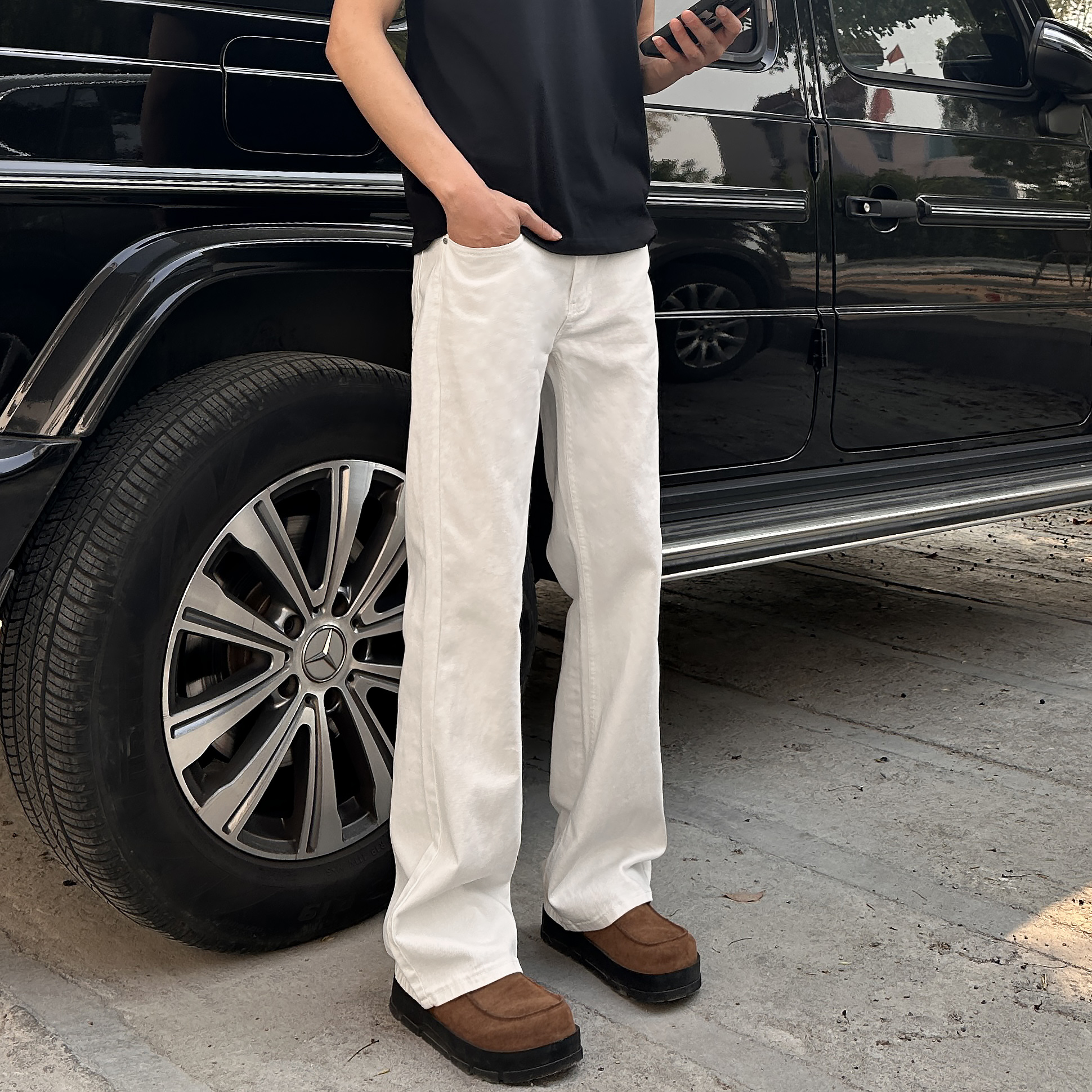 QUALCOMM高级感白色牛仔裤男款潮牌秋冬宽松cleanfit微喇直筒裤子