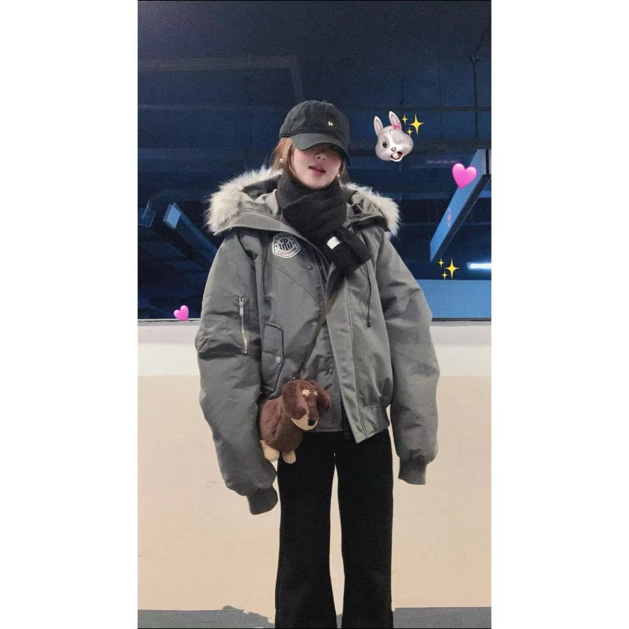 徐秋阳  灰调领空 可拆卸毛领 工装慵懒风连帽派克棉服13872