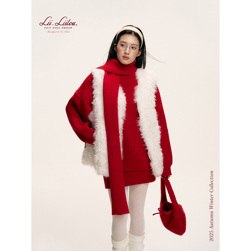 Liilou 松弛感 慵懒加厚软糯宽松套头针织衫包臀短裙围巾三件套