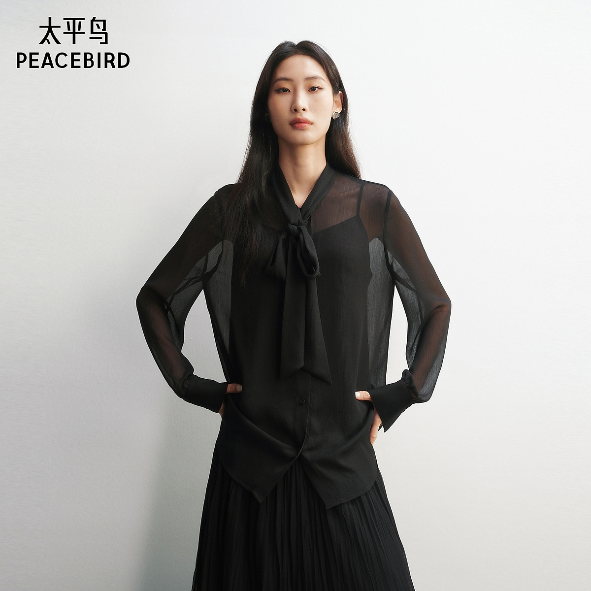 【商场同款】太平鸟26春季新款雪纺飘带长袖衬衫含内衬A1CAG1258