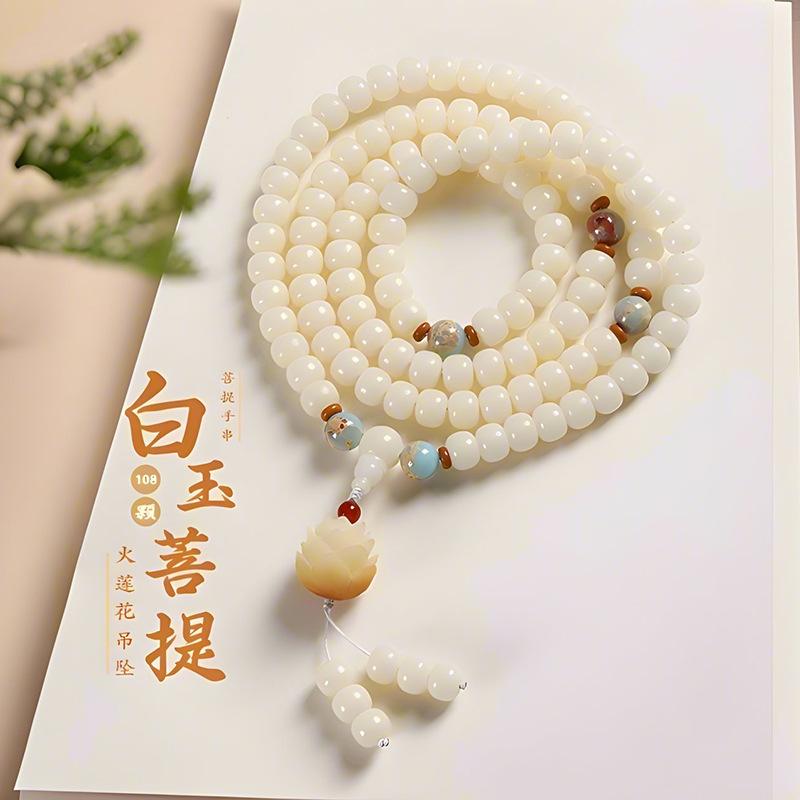 天然白玉菩提108颗手串男女高油密文玩念珠莲花手持盘玩双圈佛珠
