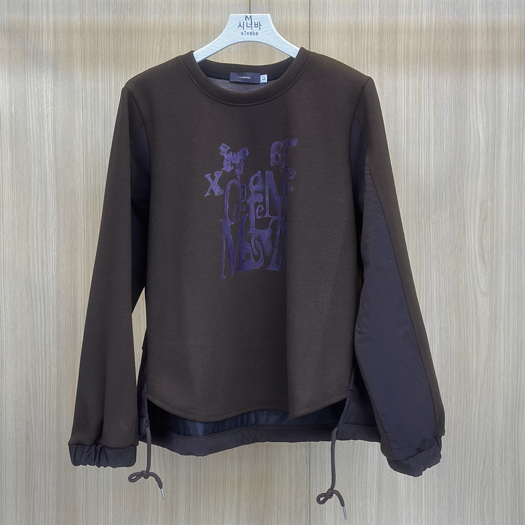 【xineba3】咖色印花拼接复古小众宽松套头衫长袖常规T恤