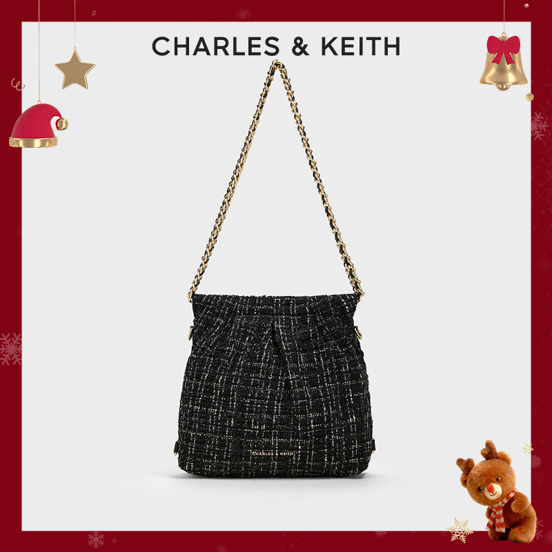CHARLES & KEITH25冬小香粗花呢双肩链条流浪包小号60782390-2